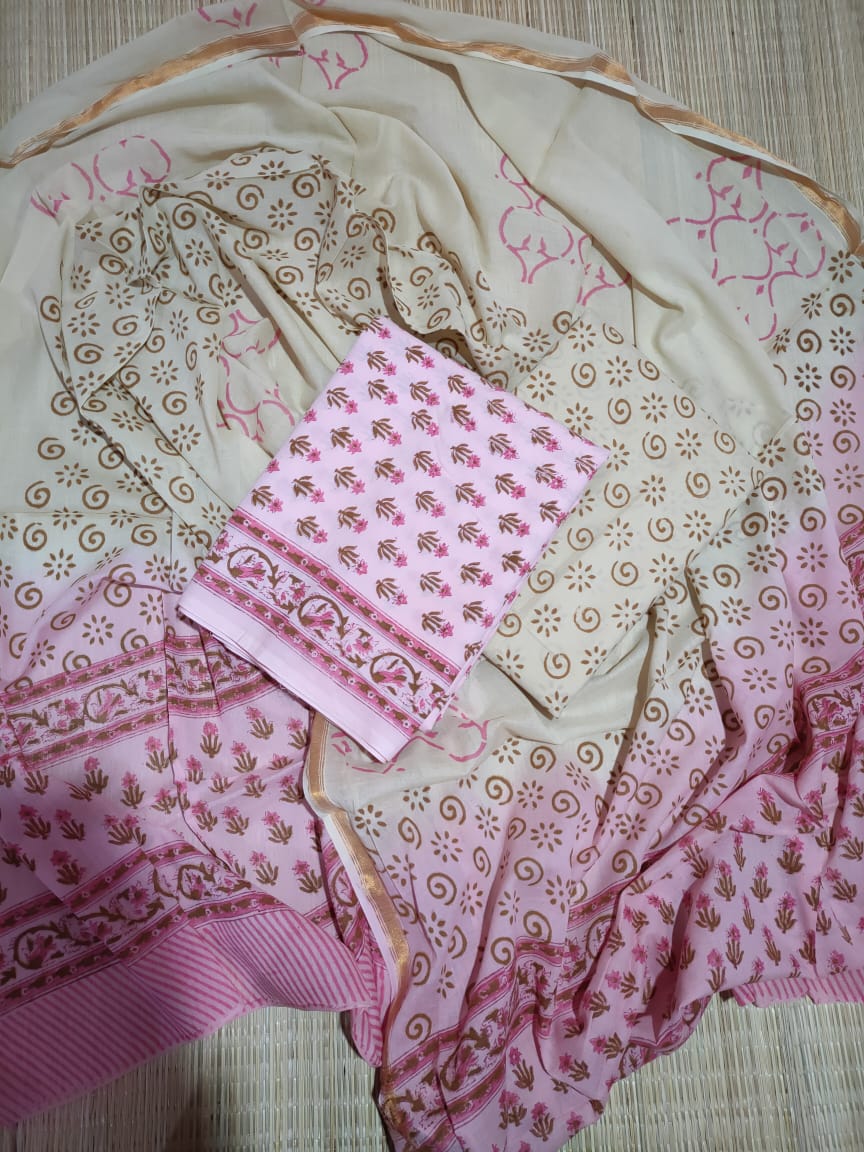 Hand Block Cotton Zari Border Salwar Suit Set With Cotton/Mulmul Dupatta - JBXZBS73
