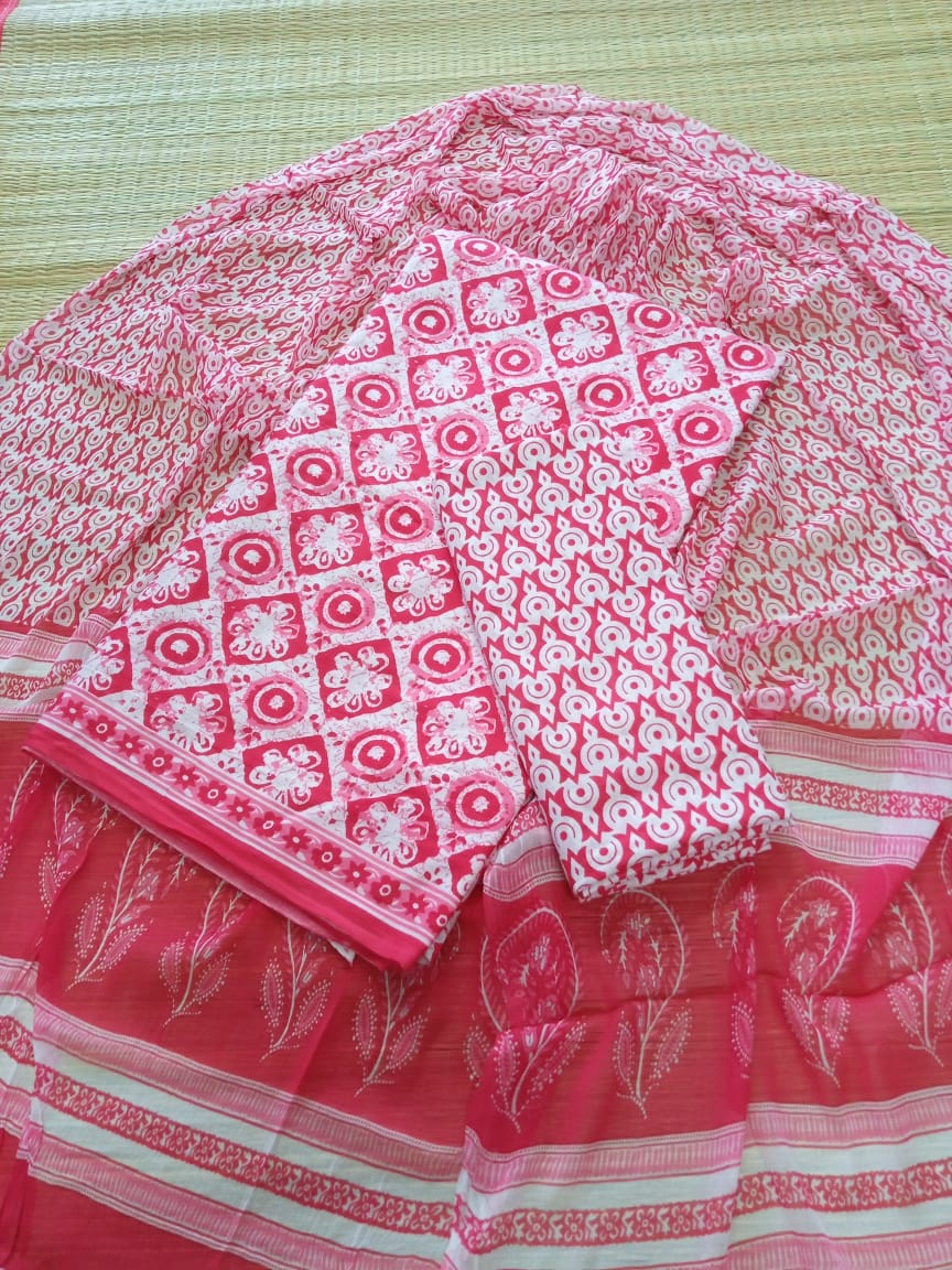 Hand Block Printed Unstitched Pure Cotton Suit Set With Chiffon Dupatta - JB356