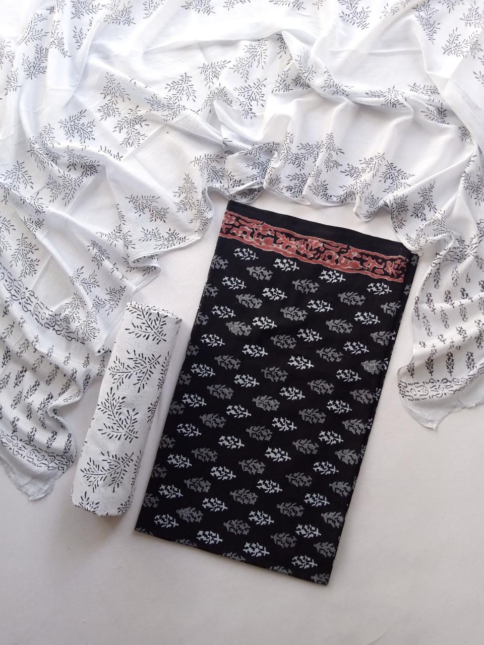 Jaipuri Hand Block Printed Pure Cotton Unstitched Salwar Suit with Chiffon Dupatta - JB369