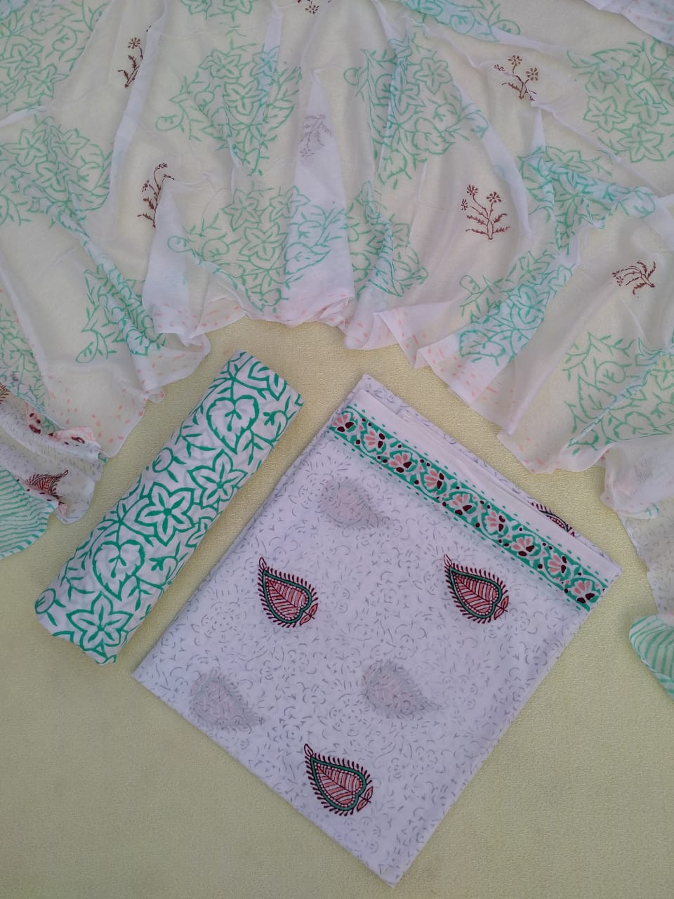 Hand Block Printed Unstitched Pure Cotton Suit Set With Chiffon Dupatta - JB376