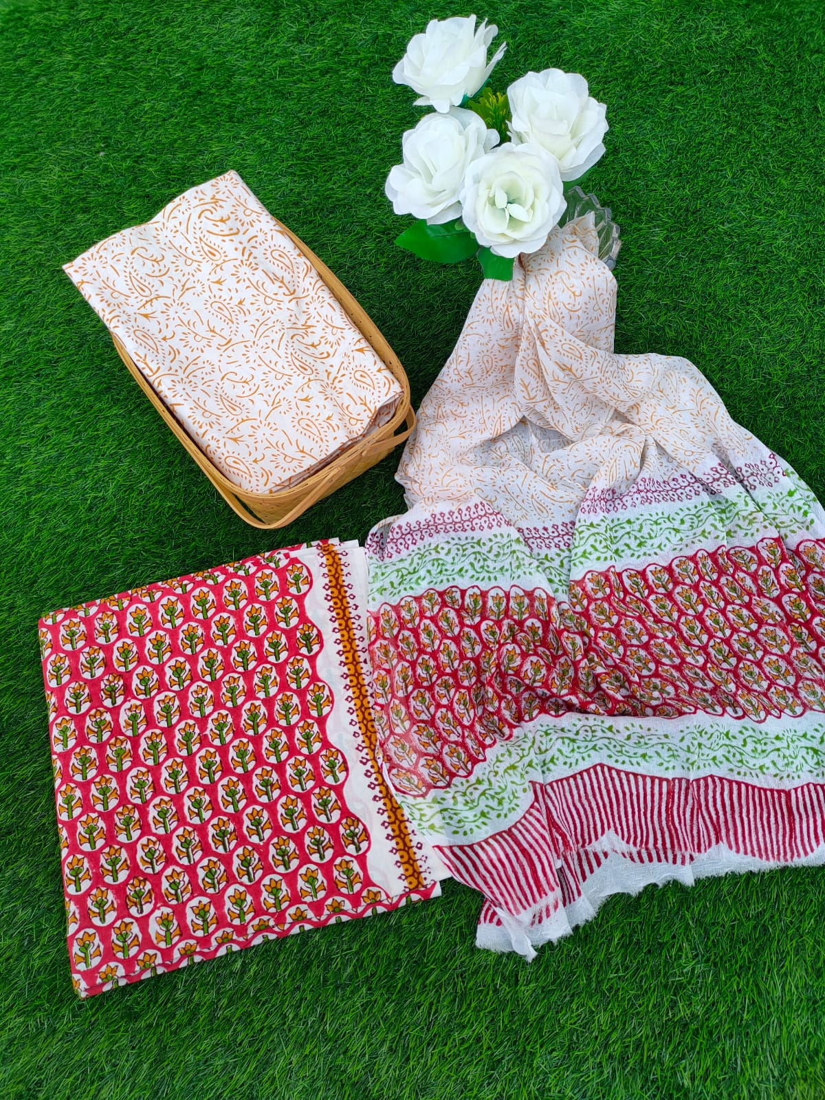 Hand Block Printed Chiffon Dupatta Salwar Suit Set - JBOCF11