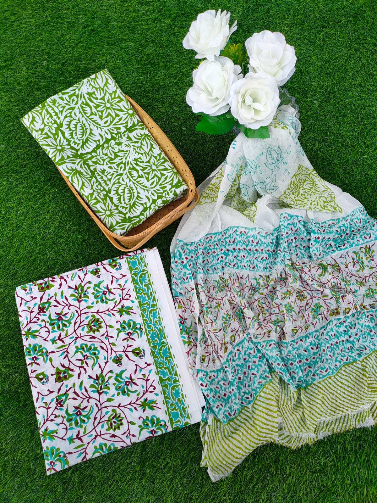 Hand Block Printed Chiffon Dupatta Salwar Suit Set - JBOCF19