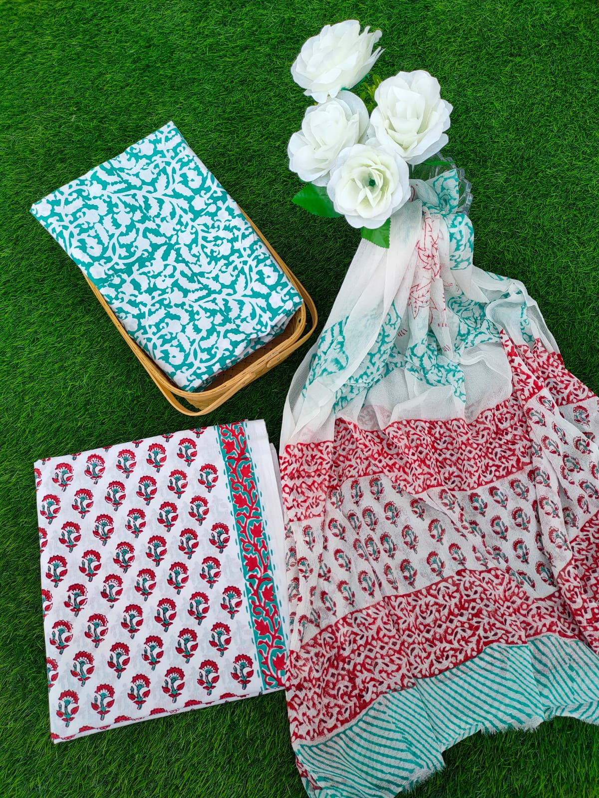 Hand Block Printed Chiffon Dupatta Salwar Suit Set - JBOCF29