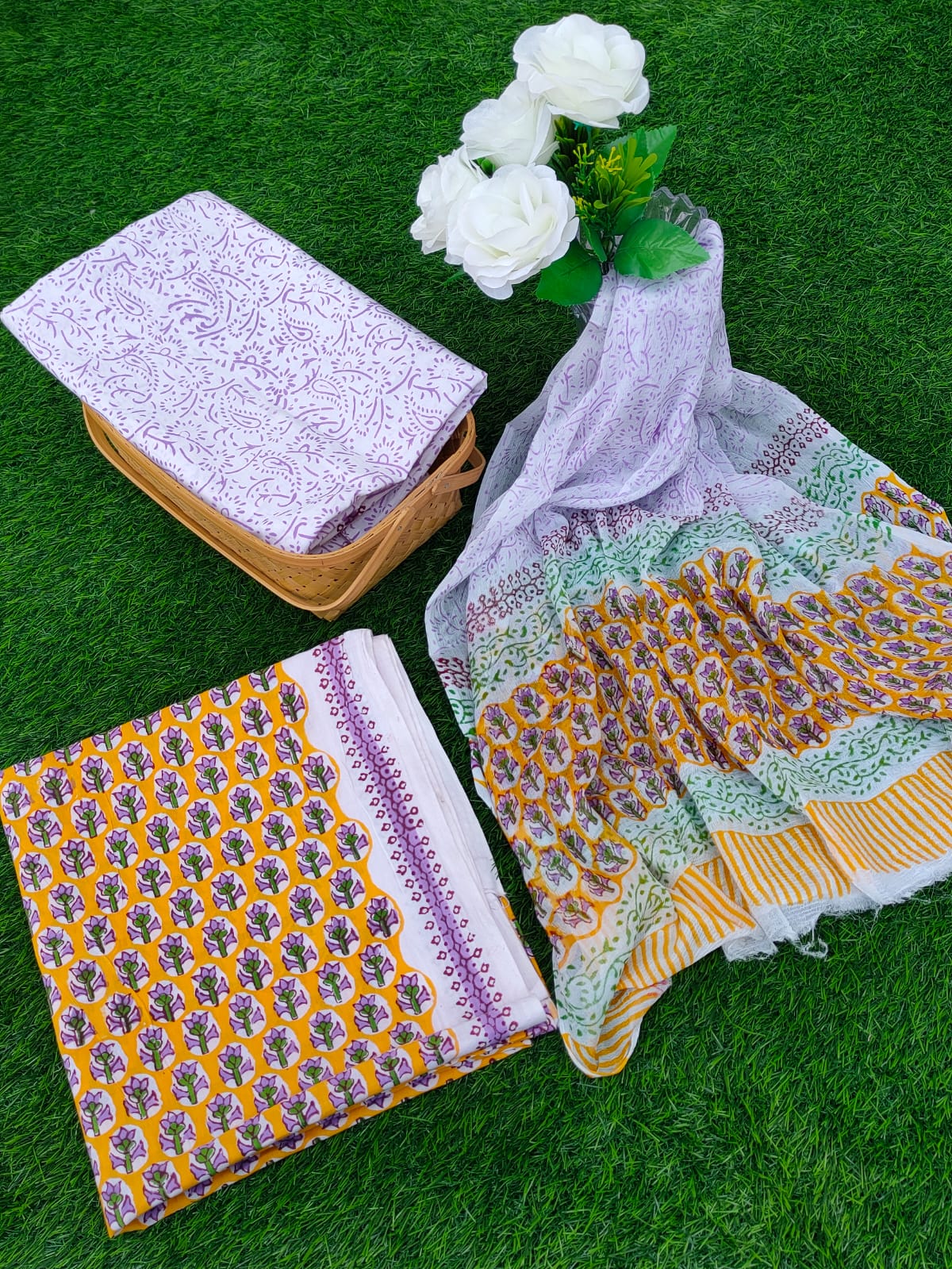 Hand Block Printed Chiffon Dupatta Salwar Suit Set - JBOCF3
