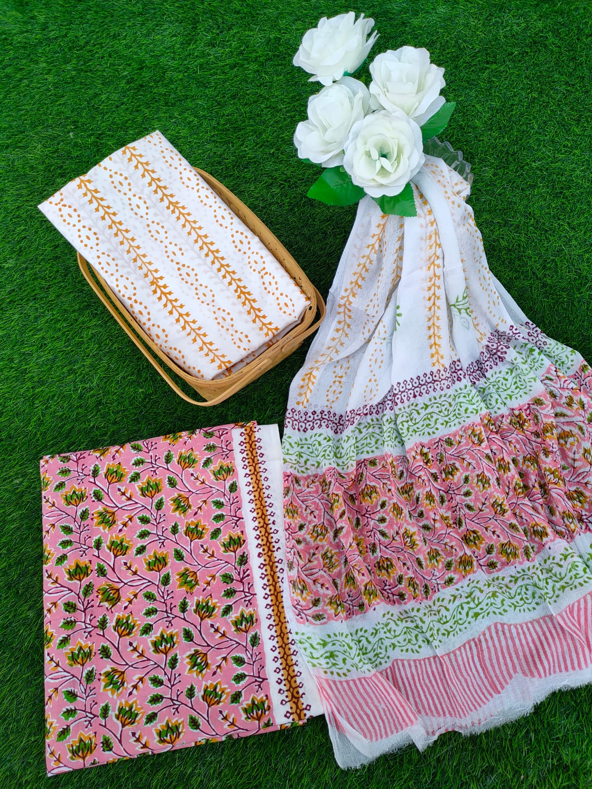 Hand Block Printed Chiffon Dupatta Salwar Suit Set - JBOCF42