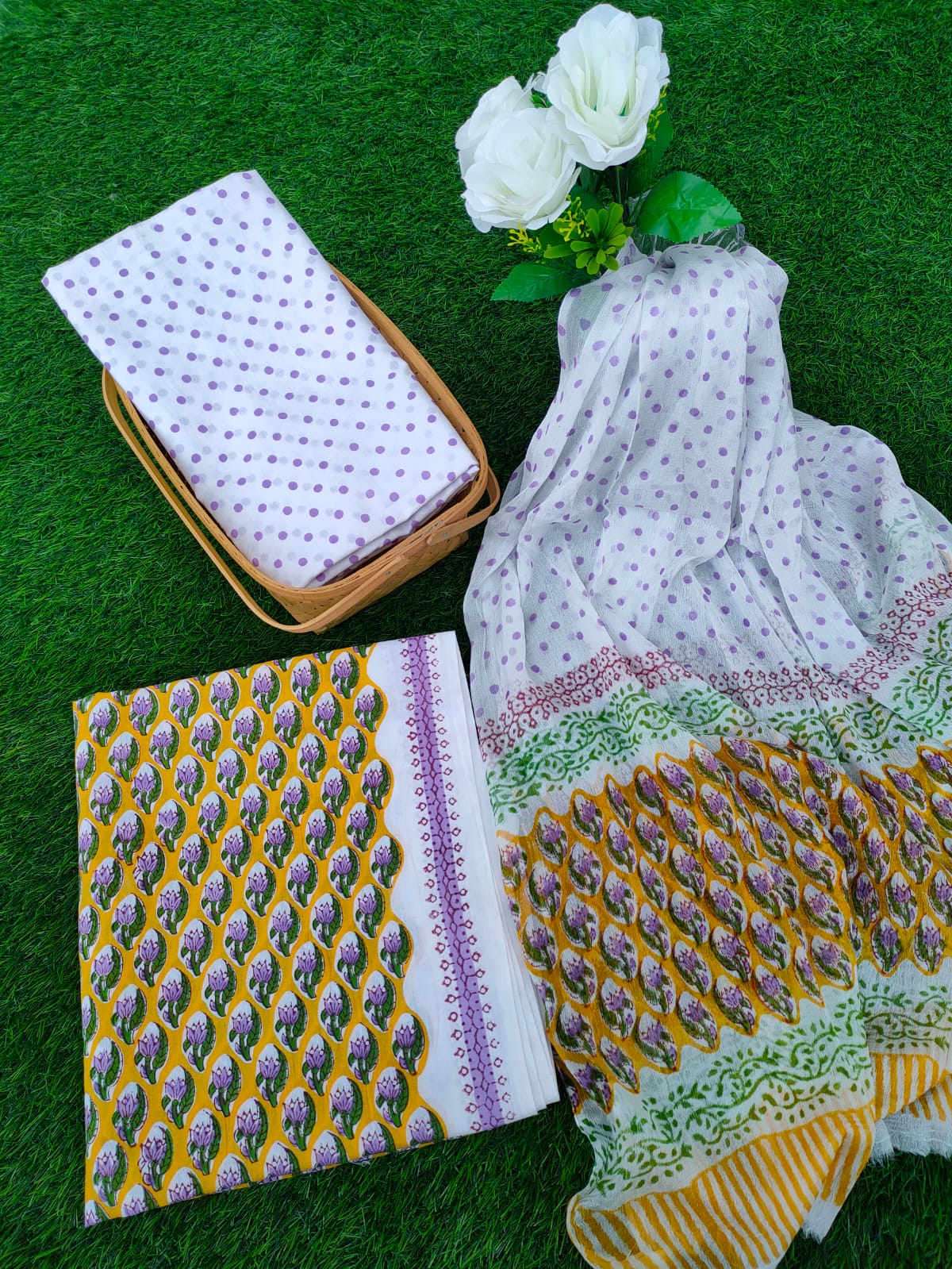 Hand Block Printed Chiffon Dupatta Salwar Suit Set - JBOCF52