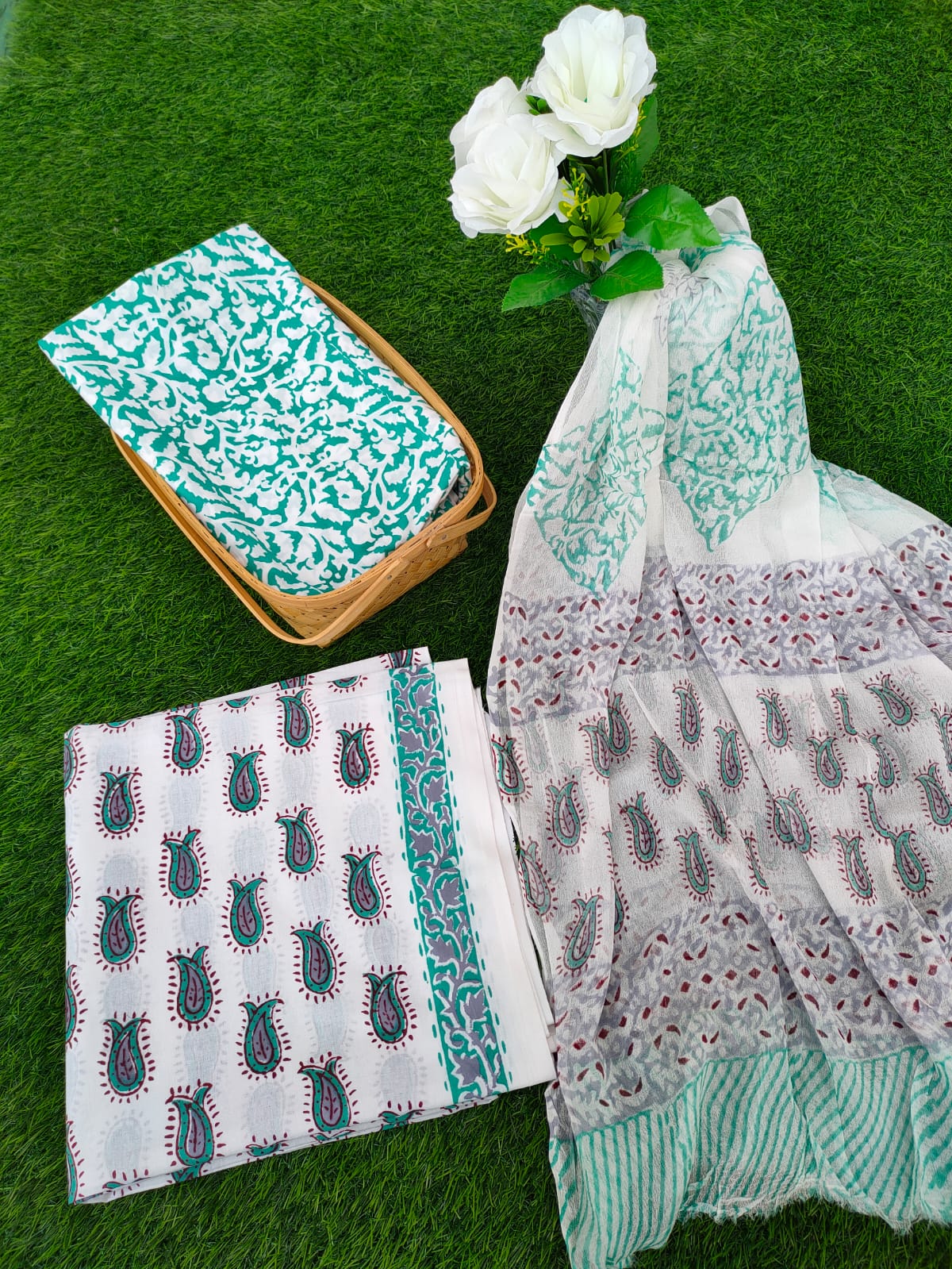 Hand Block Printed Chiffon Dupatta Salwar Suit Set - JBOCF64
