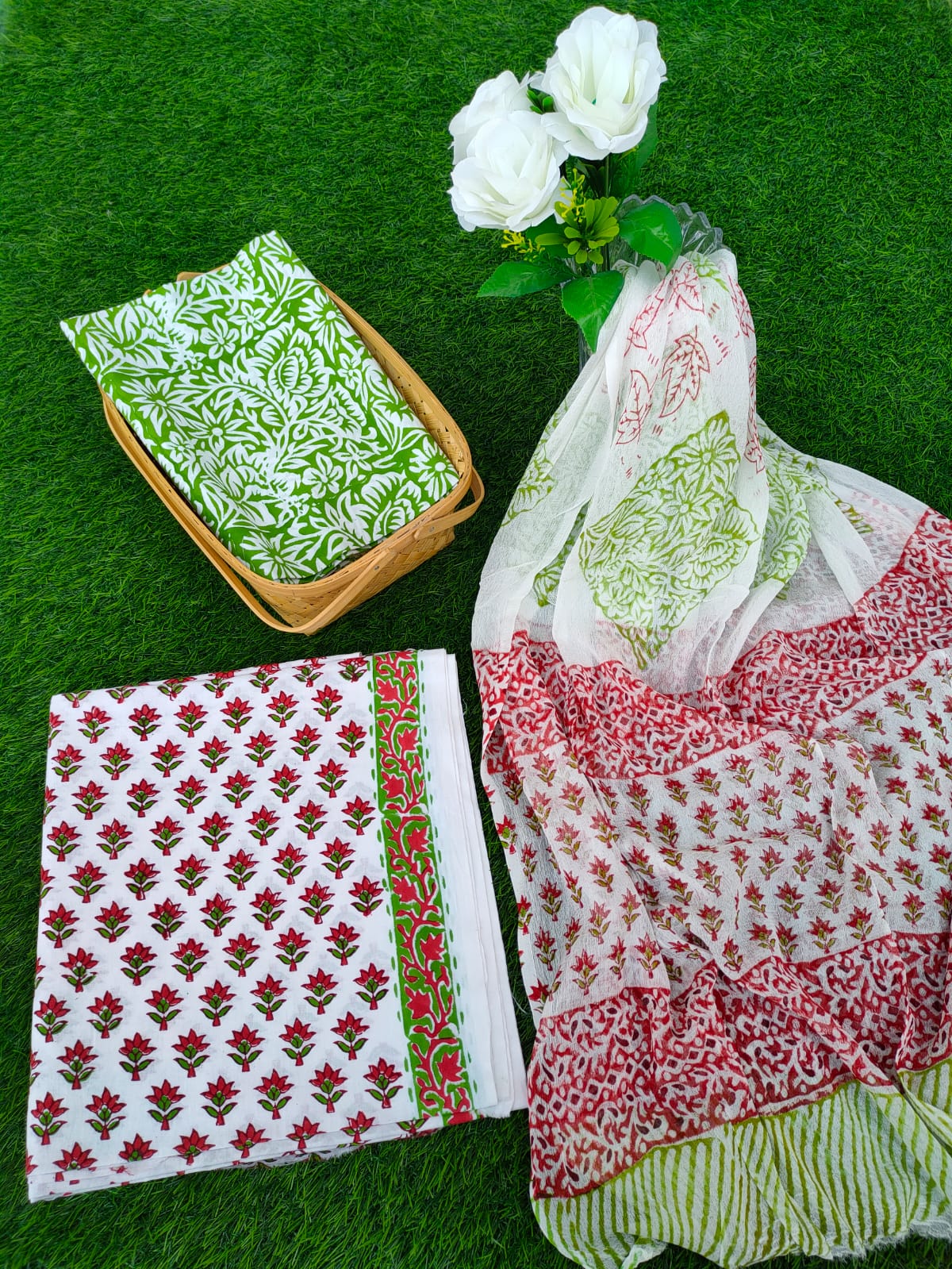 Hand Block Printed Chiffon Dupatta Salwar Suit Set - JBOCF65