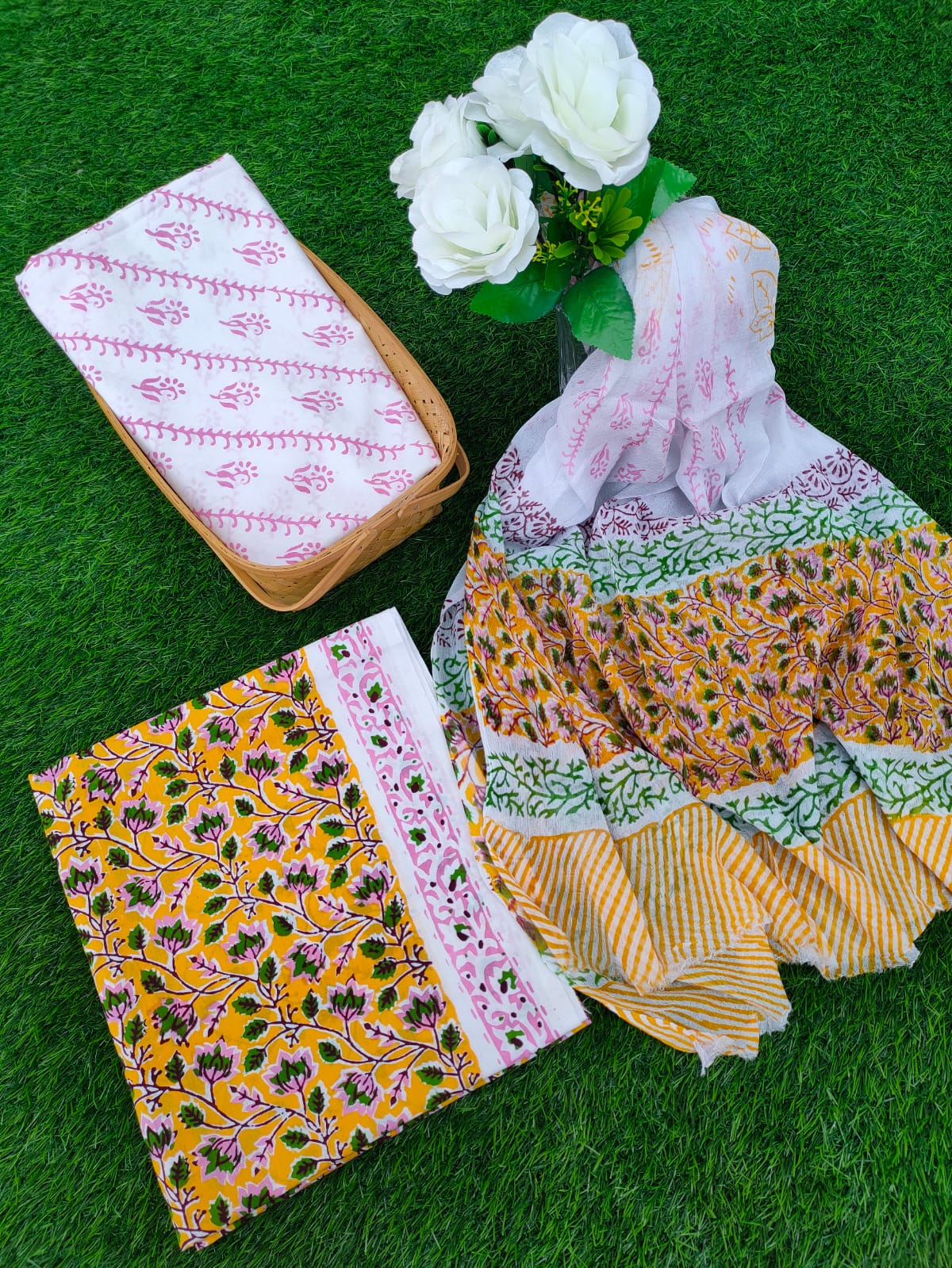 Hand Block Printed Chiffon Dupatta Salwar Suit Set - JBOCF7