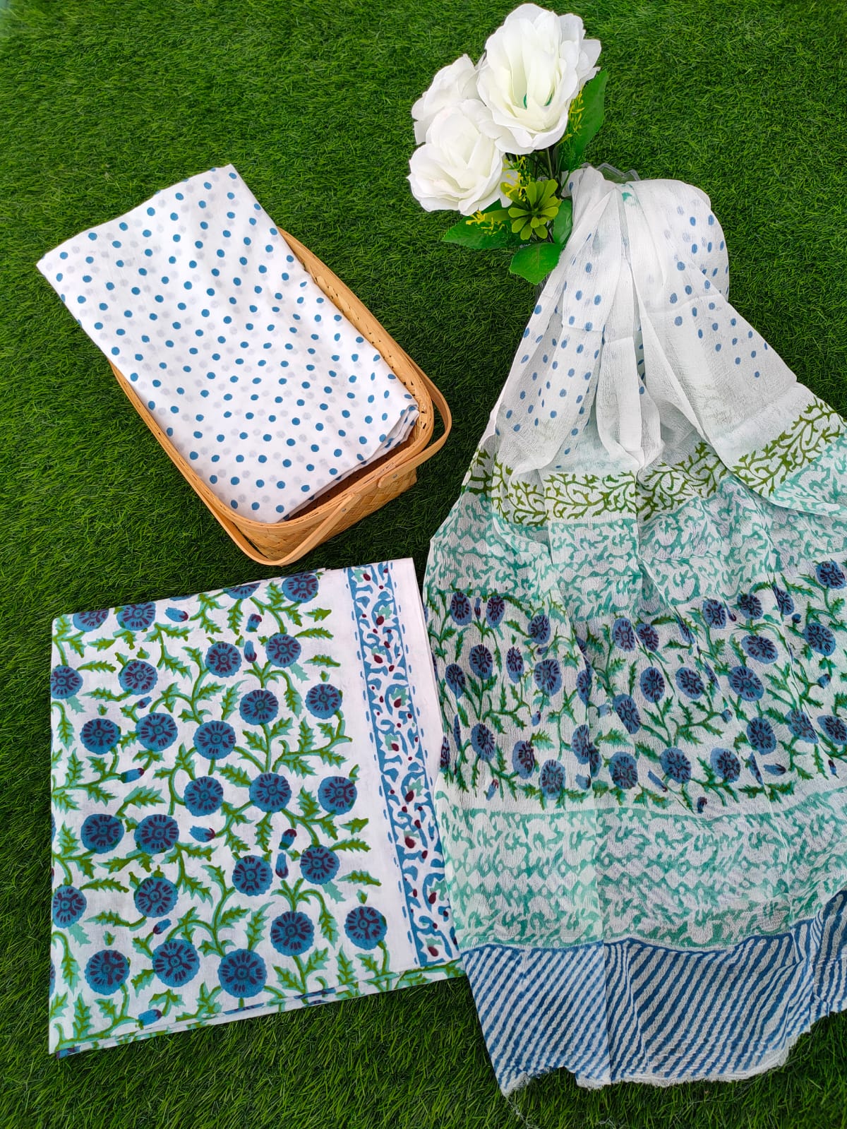 Hand Block Printed Chiffon Dupatta Salwar Suit Set - JBOCF74