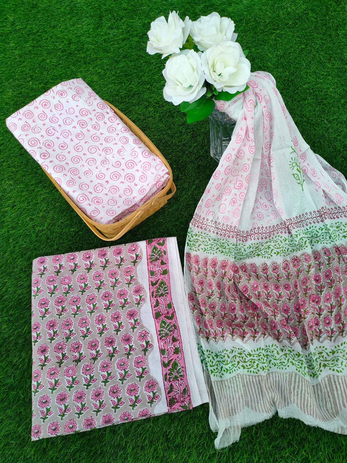 Hand Block Printed Chiffon Dupatta Salwar Suit Set - JBOCF76