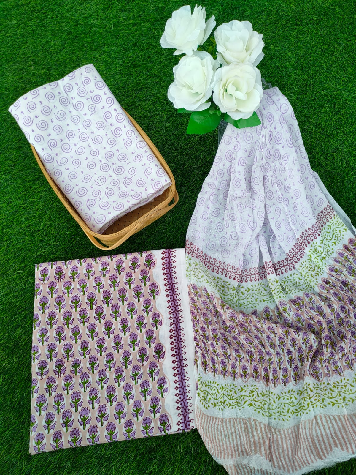Hand Block Printed Chiffon Dupatta Salwar Suit Set - JBOCF78