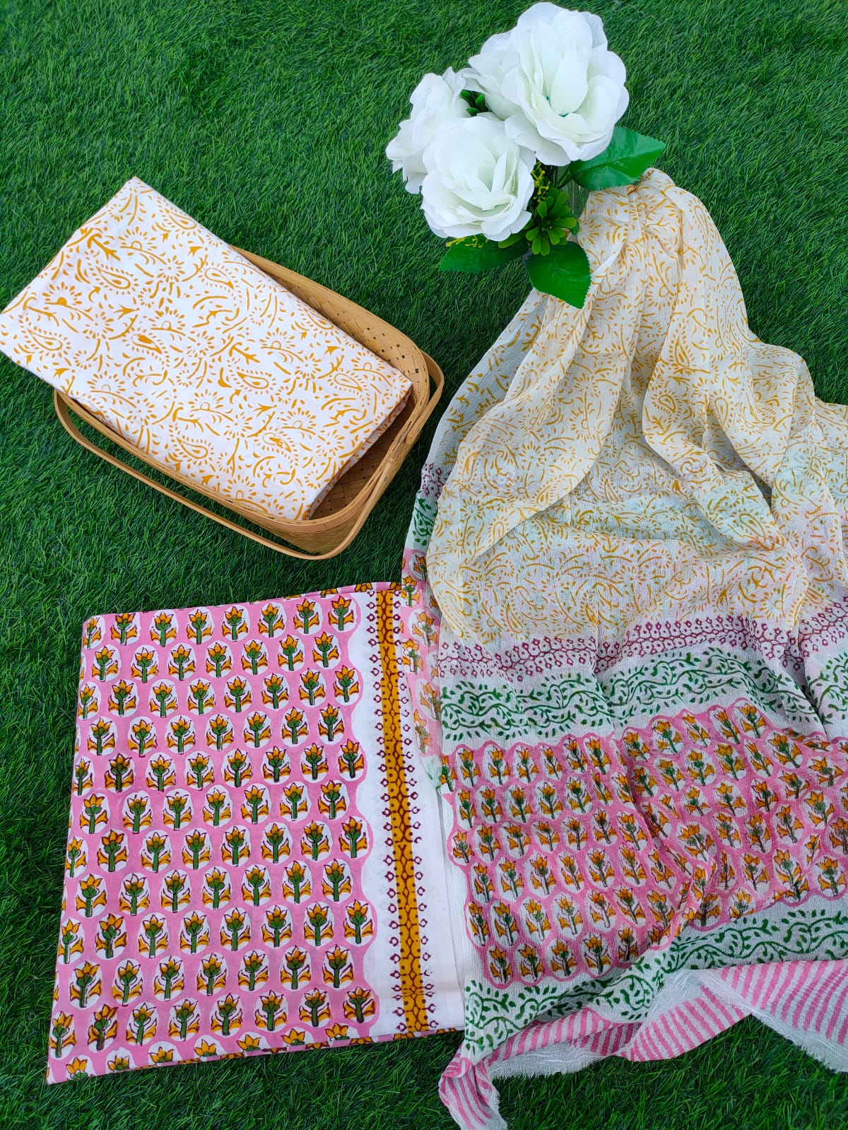 Hand Block Printed Chiffon Dupatta Salwar Suit Set - JBOCF94