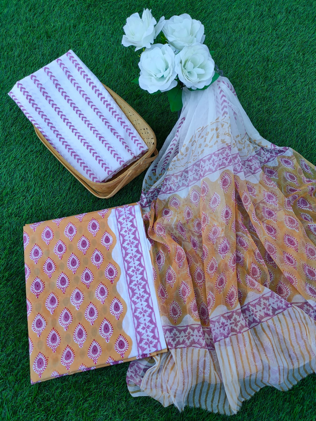 Hand Block Printed Chiffon Dupatta Salwar Suit Set - JBOCF115