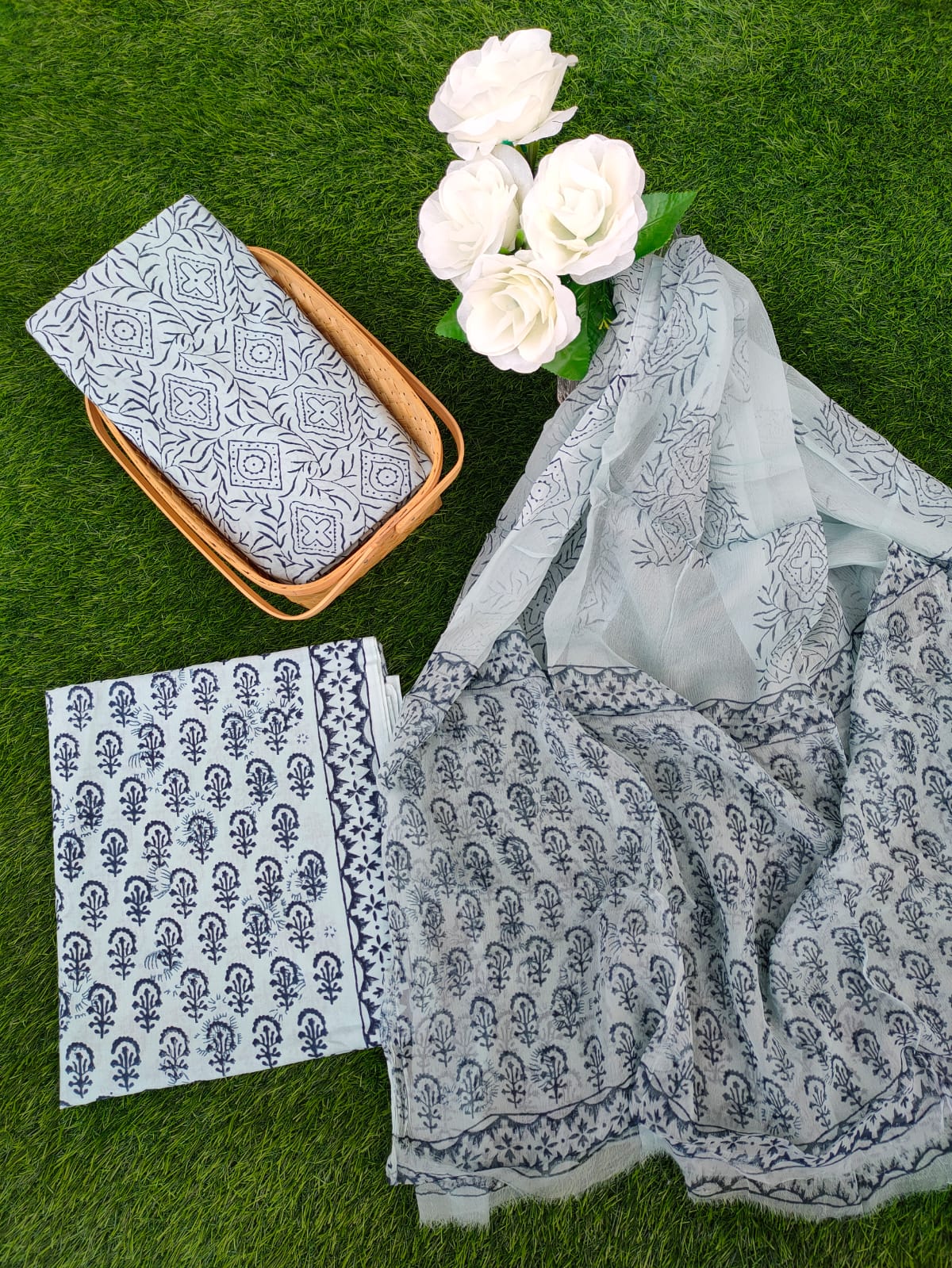 Hand Block Printed Chiffon Dupatta Salwar Suit Set - JBOCF118