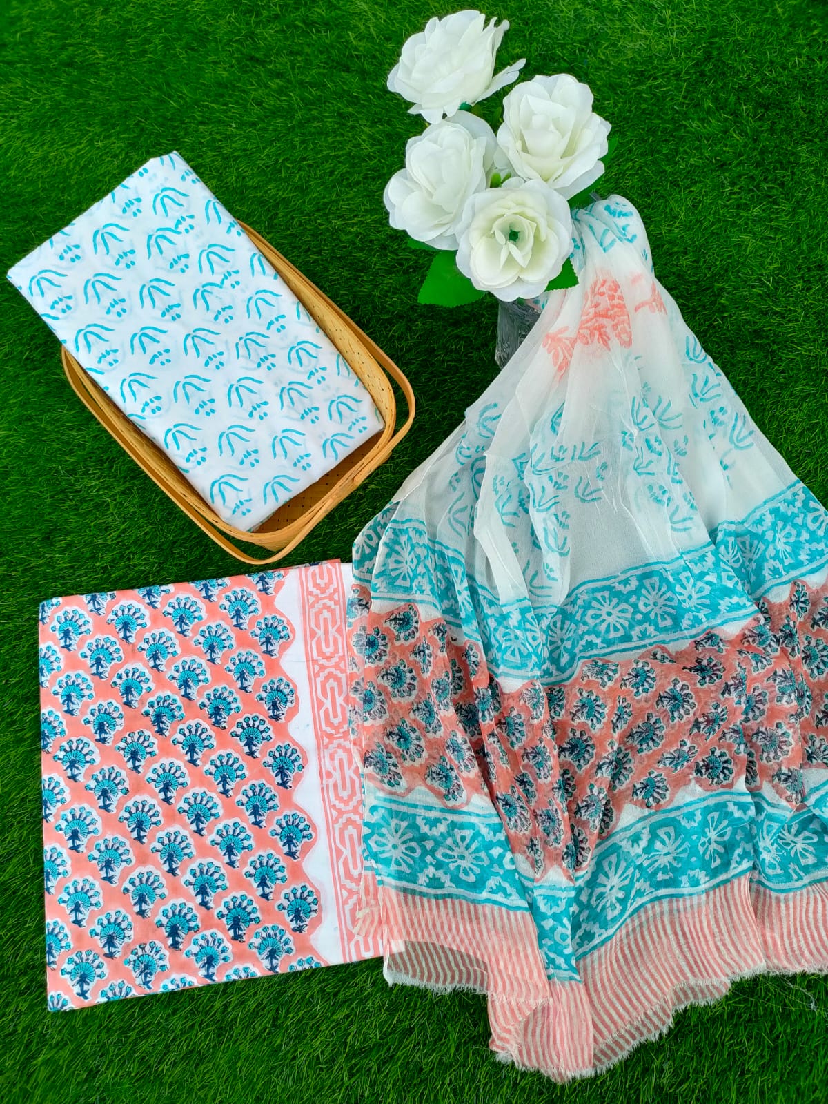 Hand Block Printed Chiffon Dupatta Salwar Suit Set - JBOCF122