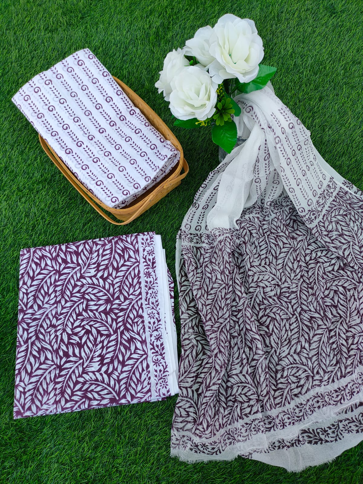 Hand Block Printed Chiffon Dupatta Salwar Suit Set - JBOCF135