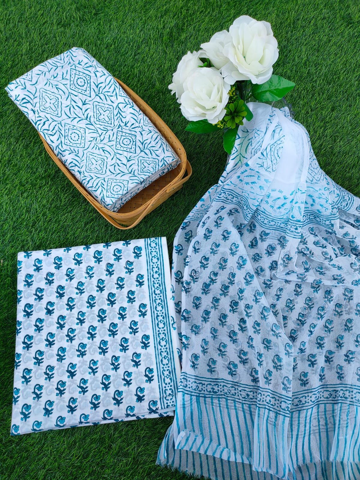 Hand Block Printed Chiffon Dupatta Salwar Suit Set - JBOCF137