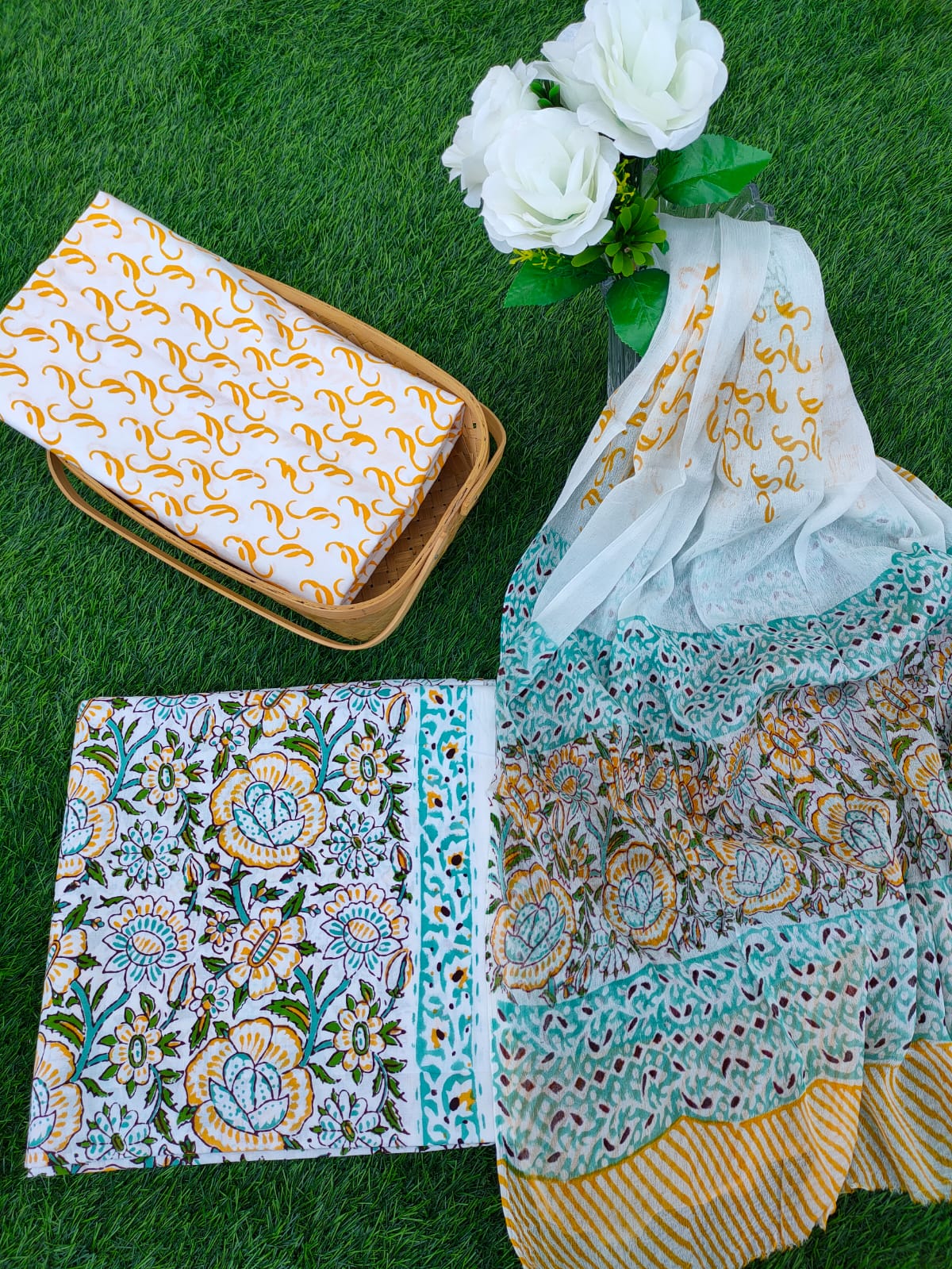 Hand Block Printed Chiffon Dupatta Salwar Suit Set - JBOCF90