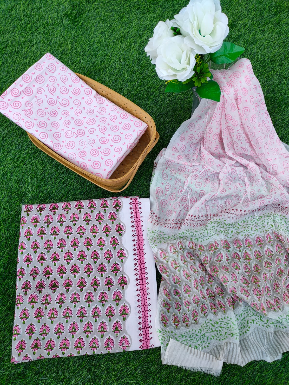 Hand Block Printed Chiffon Dupatta Salwar Suit Set - JBOCF181