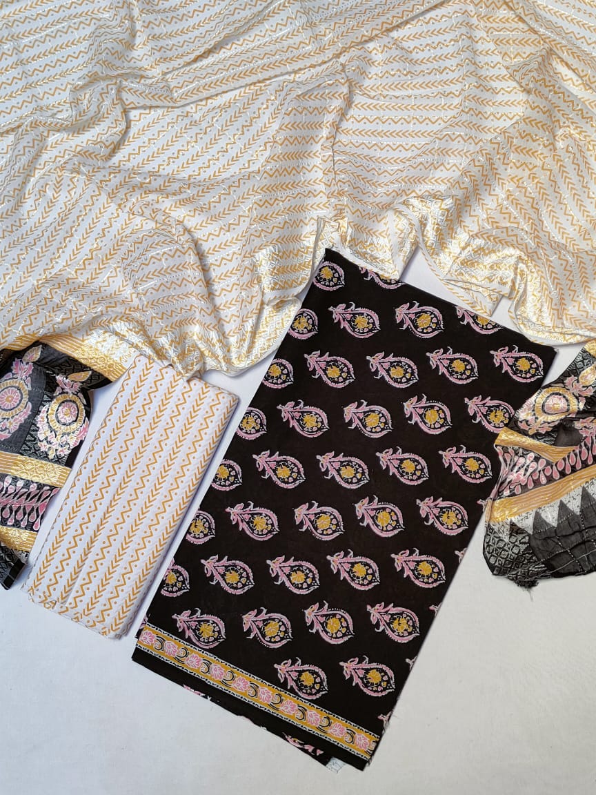 Pure Cotton Hand Block Printed Unstitched Salwar Suit Set With Cotton/Mulmul Dupatta - JB418