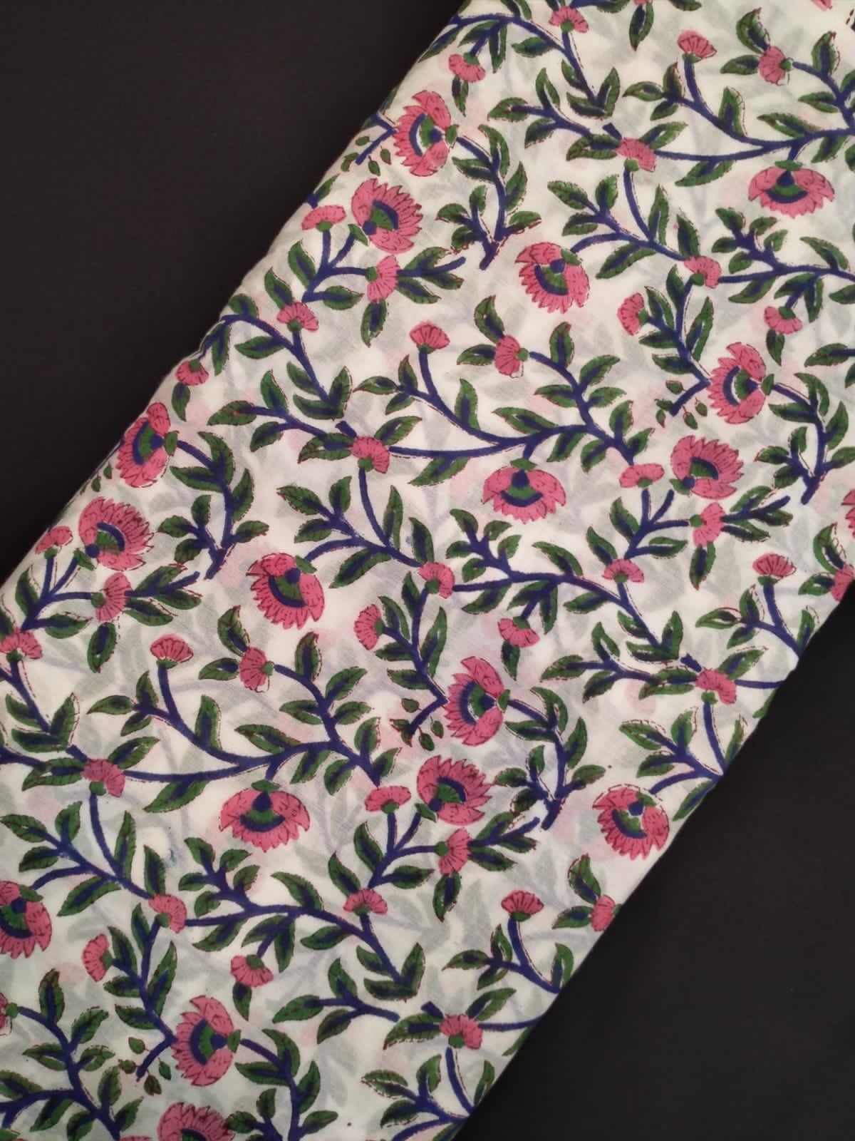 White Base Cotton Hand Block Printed Fabric In Running Length - JBRH225