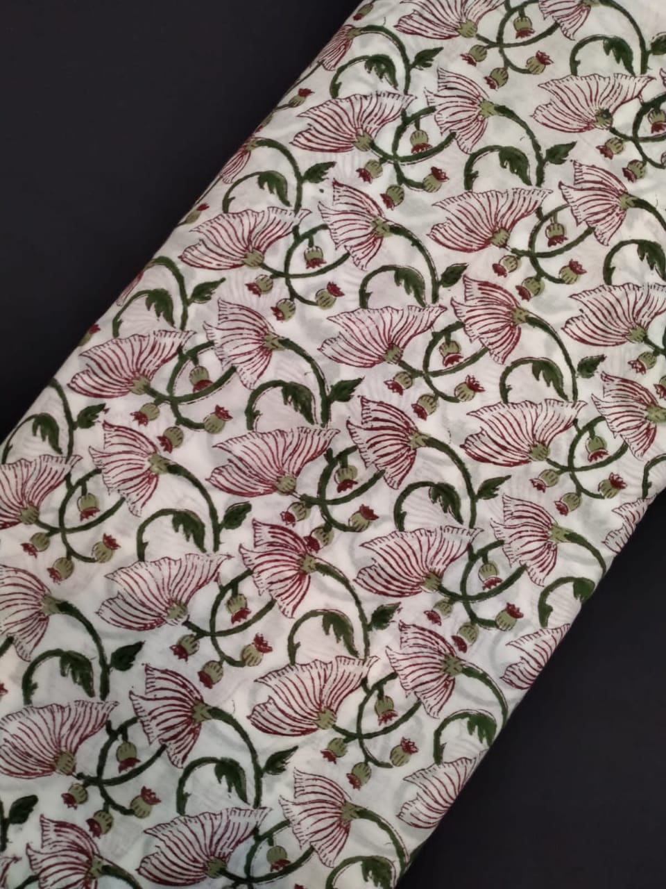 White Base Cotton Hand Block Printed Fabric In Running Length - JBRH247