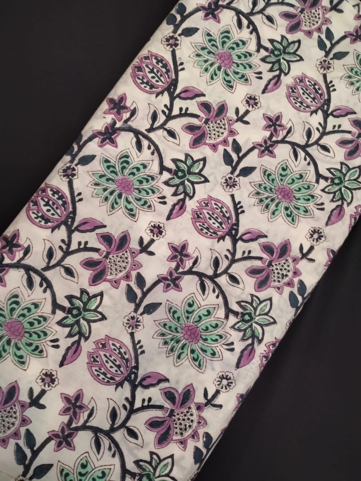 Hand Block Printed Pure Cotton Fabric With White Base In Running Length - JBRH190