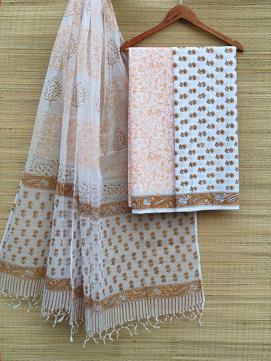 Kota Doriya Dupatta With Hand Block Printed Cotton Top-Bottom Salwar Suit Set - JBKD52