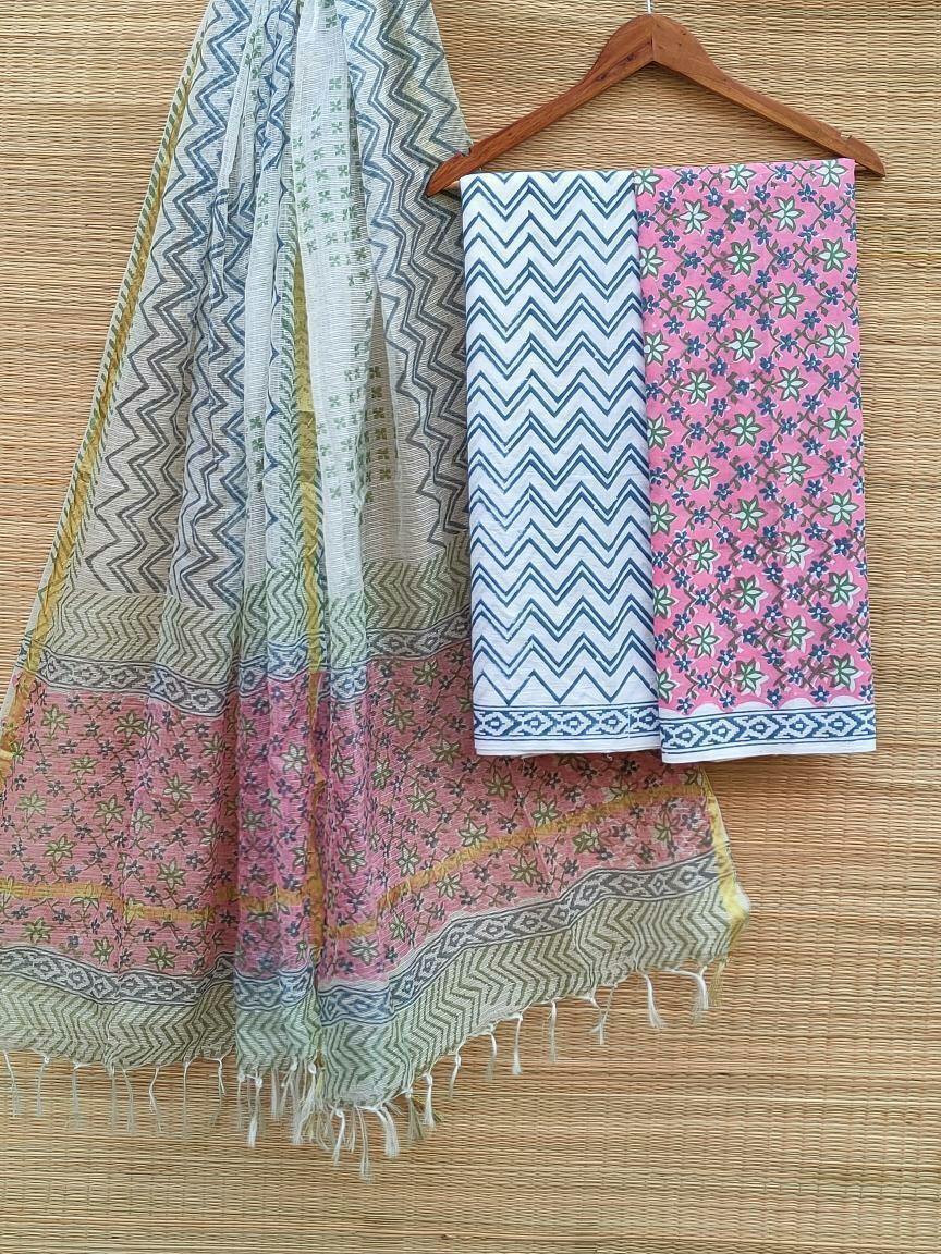 Kota Silk Dupatta Hand Block Printed Cotton Salwar Suit Set - JBKD116
