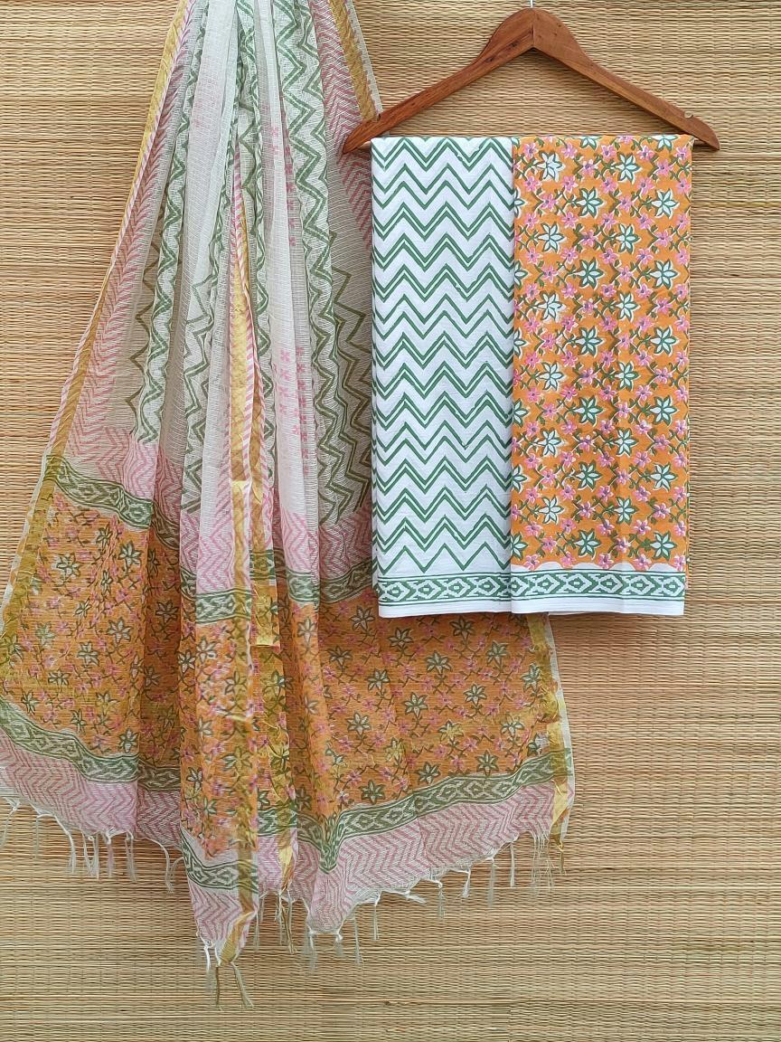 Kota Silk Dupatta With Hand Block Printed Cotton Top-Bottom Salwar Suit Set - JBKD117