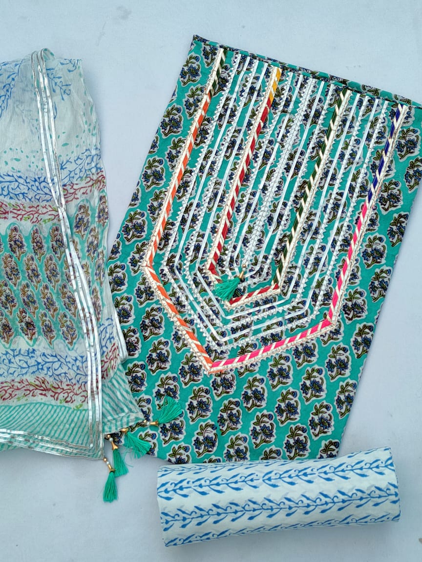 Jaipuri Cotton Hand Block Printed Gota Patti Suit with Chiffon Dupatta- JBGP55