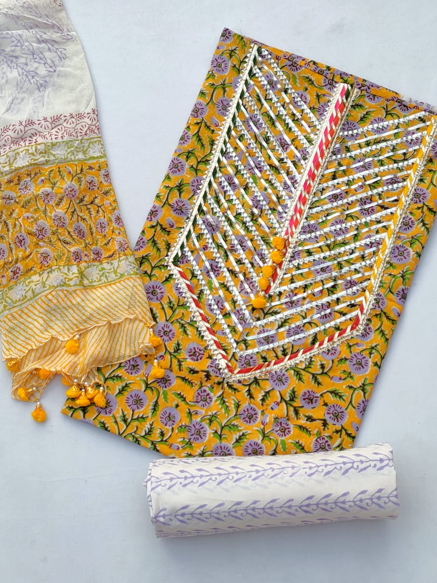 Cotton Hand Block Printed Gota Patti Salwar Suit Set With Chiffon Dupatta- JBGP67