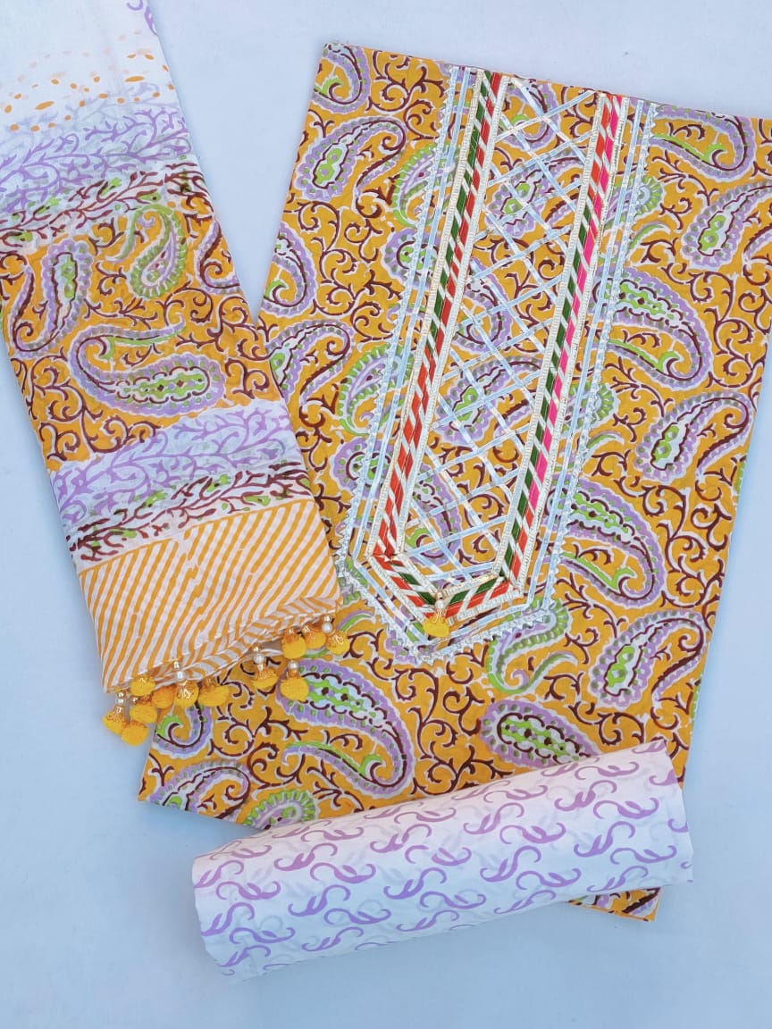 Cotton Hand Block Printed Gota Patti Salwar Suit Set With Cotton Dupatta- JBGP31