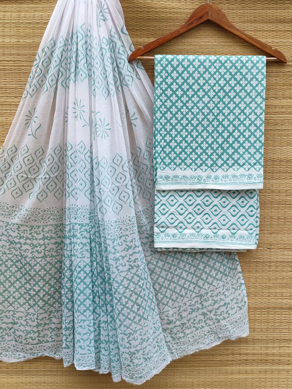 Hand Block Pure Cotton Unstitched Salwar Suit Set With Cotton/Mulmul Dupatta - JBCM840