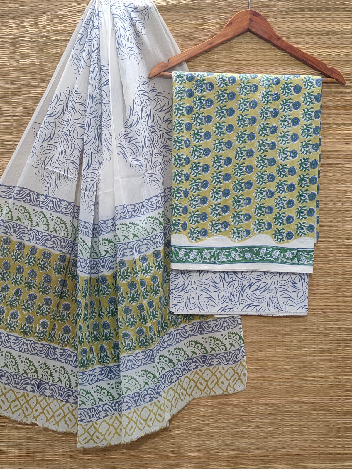 Pure Cotton Hand Block Unstitched Salwar Suit Set With Cotton/Mulmul Dupatta - JBCM856