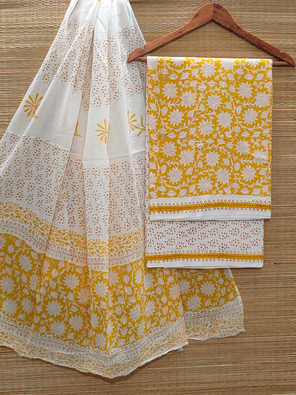 Pure Cotton Hand Block Unstitched Salwar Suit Set With Cotton/Mulmul Dupatta - JBCM874