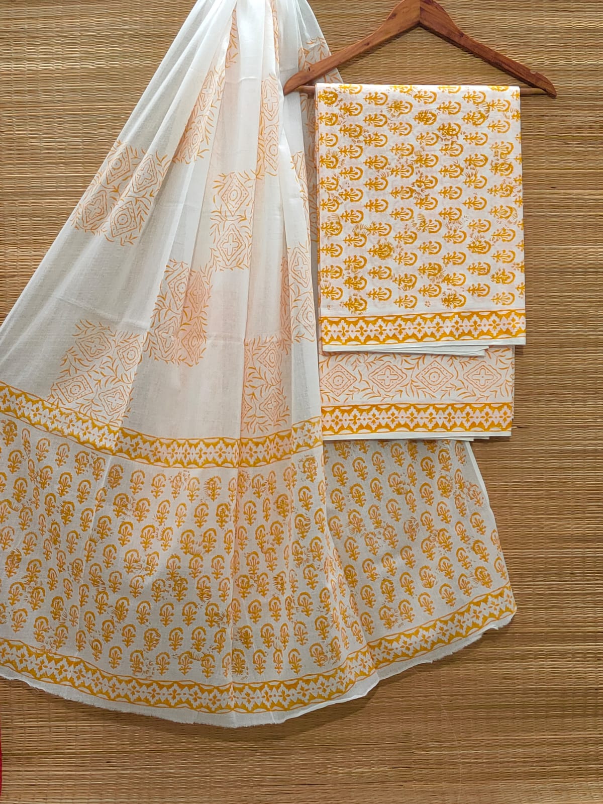 Hand Block Pure Cotton Unstitched Salwar Suit Set With Cotton/Mulmul Dupatta - JBCM876