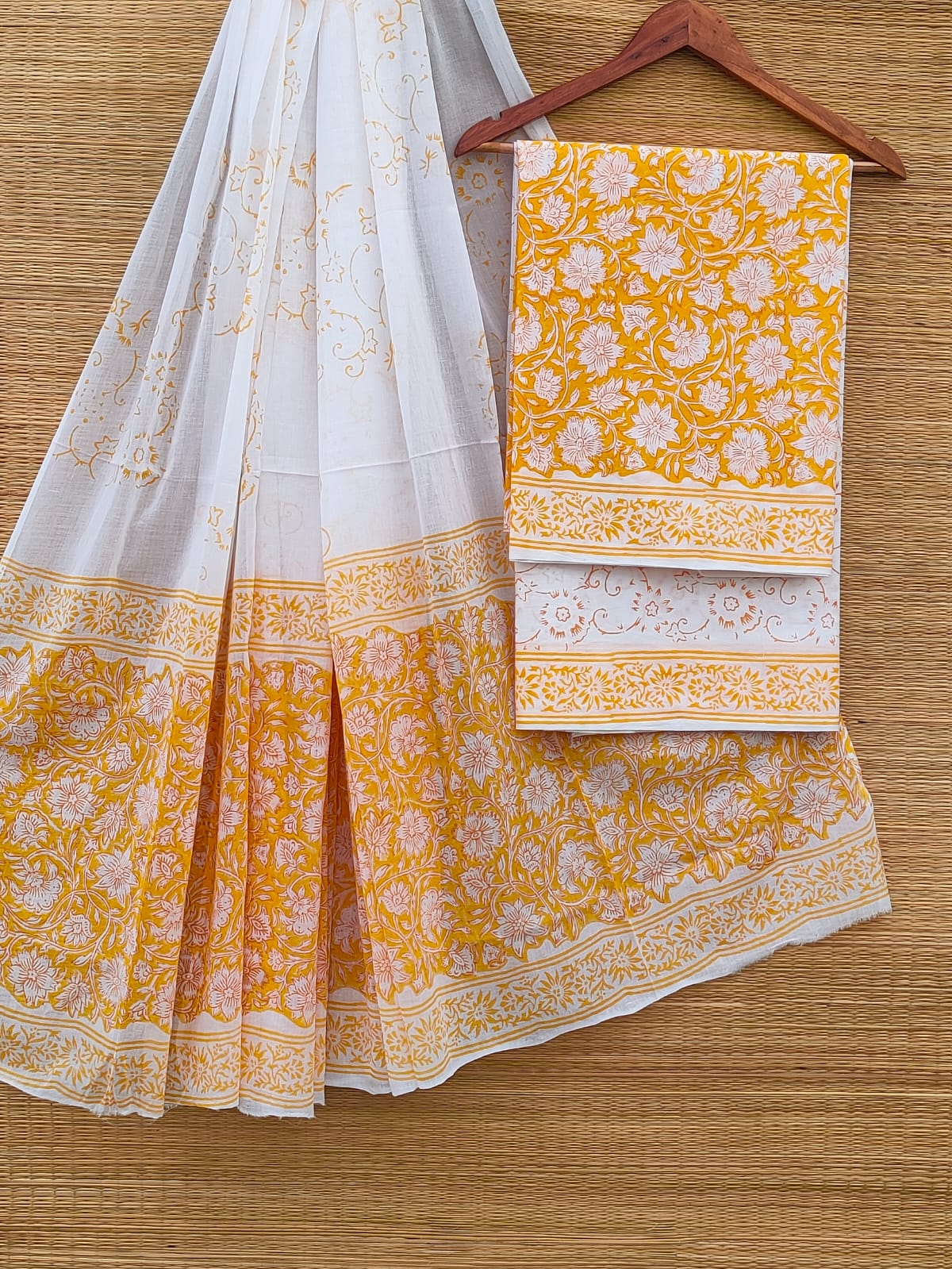Pure Cotton Hand Block Unstitched Salwar Suit Set With Cotton/Mulmul Dupatta - JBCM907