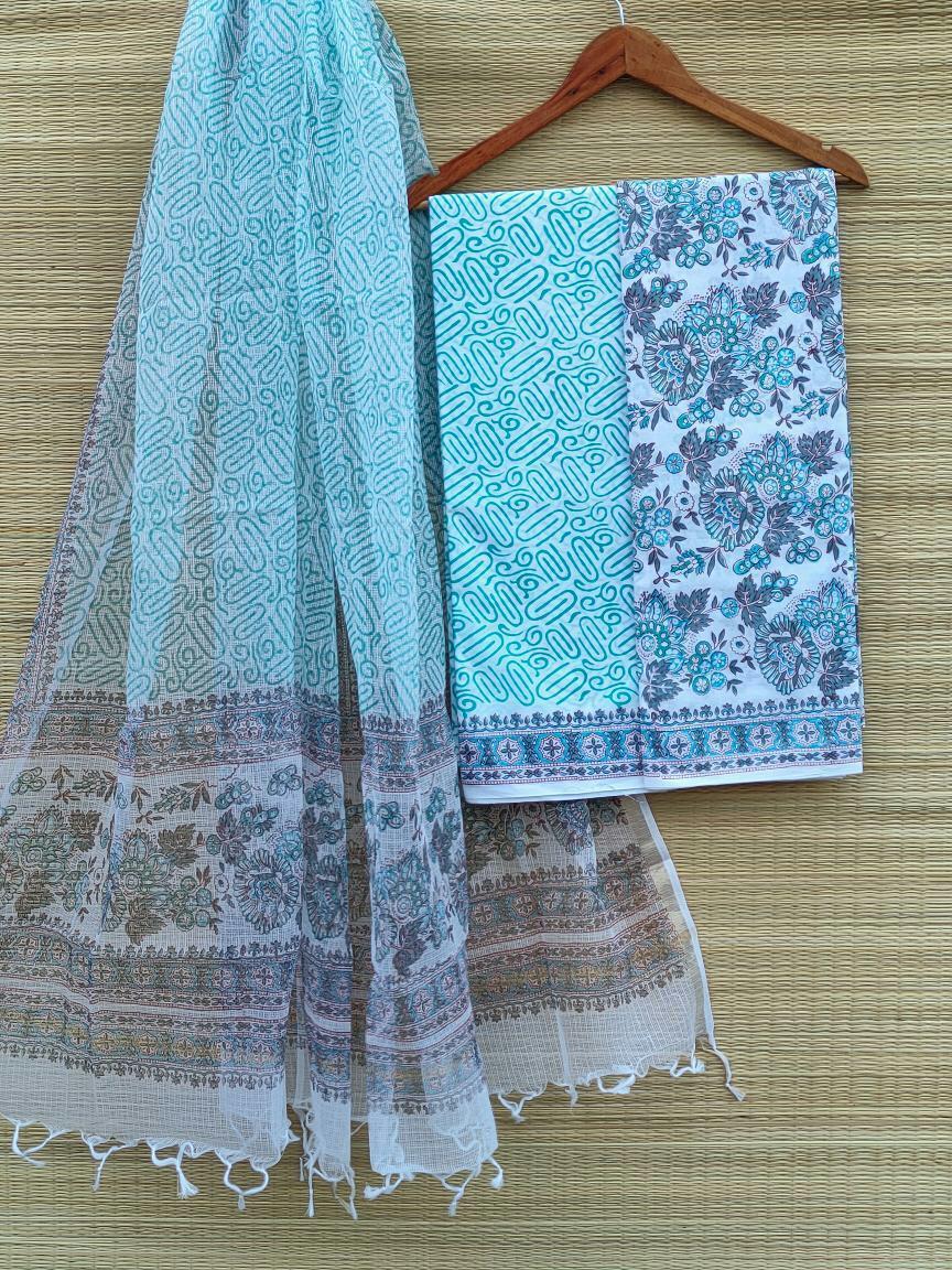 HandBlock Kota Doriya Dupatta With Cotton Top And Bottom Salwar Suit Set - JBKD94