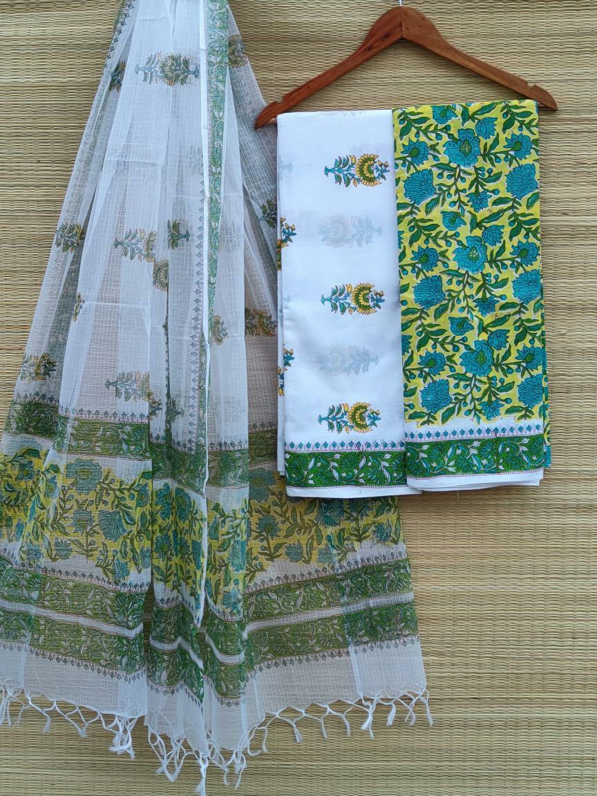 Bagru Print Hand Block Kota Doriya Dupatta With Cotton Top Bottom Salwar Suit Set - JBKD95