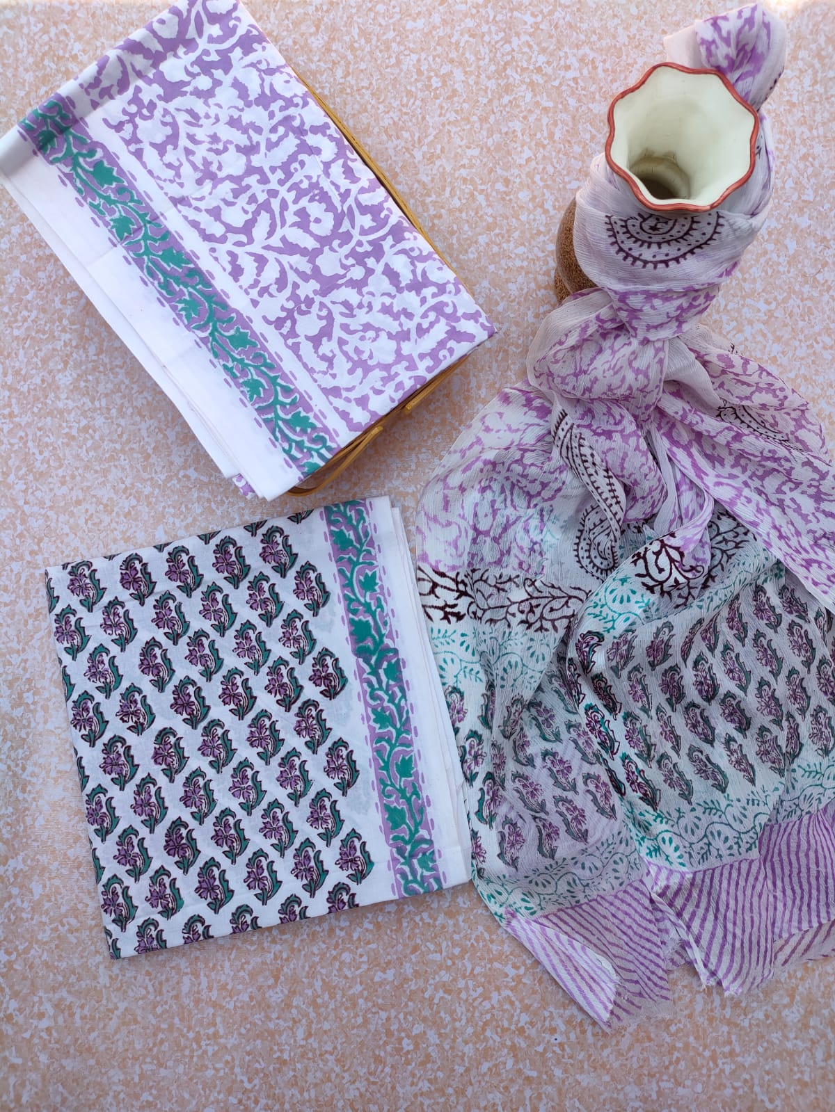 Hand Block Printed CottonUnstitched Salwar Suit with Chiffon Dupatta - JBCF739