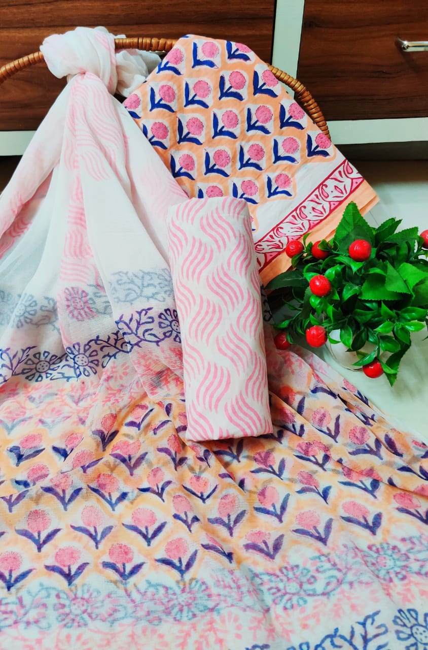 Hand Block Printed CottonUnstitched Salwar Suit with Chiffon Dupatta - JBCF719