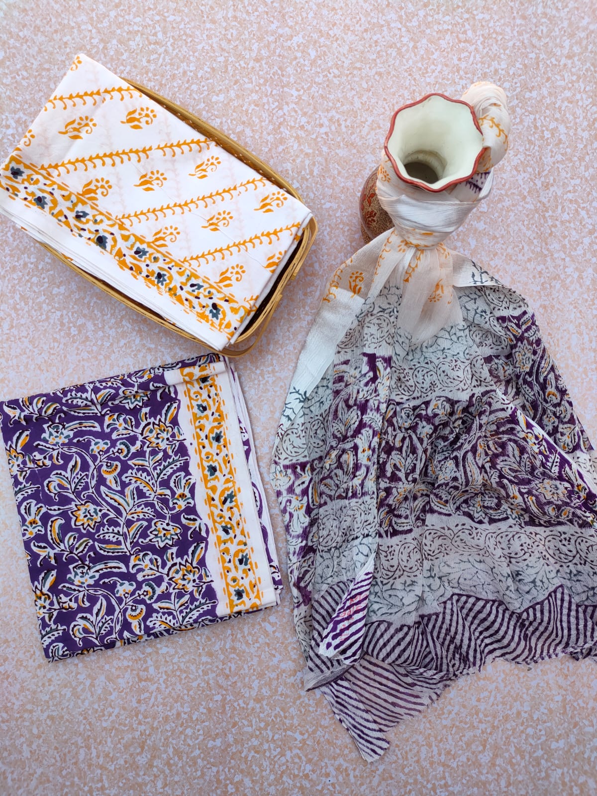 Unstitched Hand Block Printed Cotton Suit With Chiffon Dupatta - JBCF748