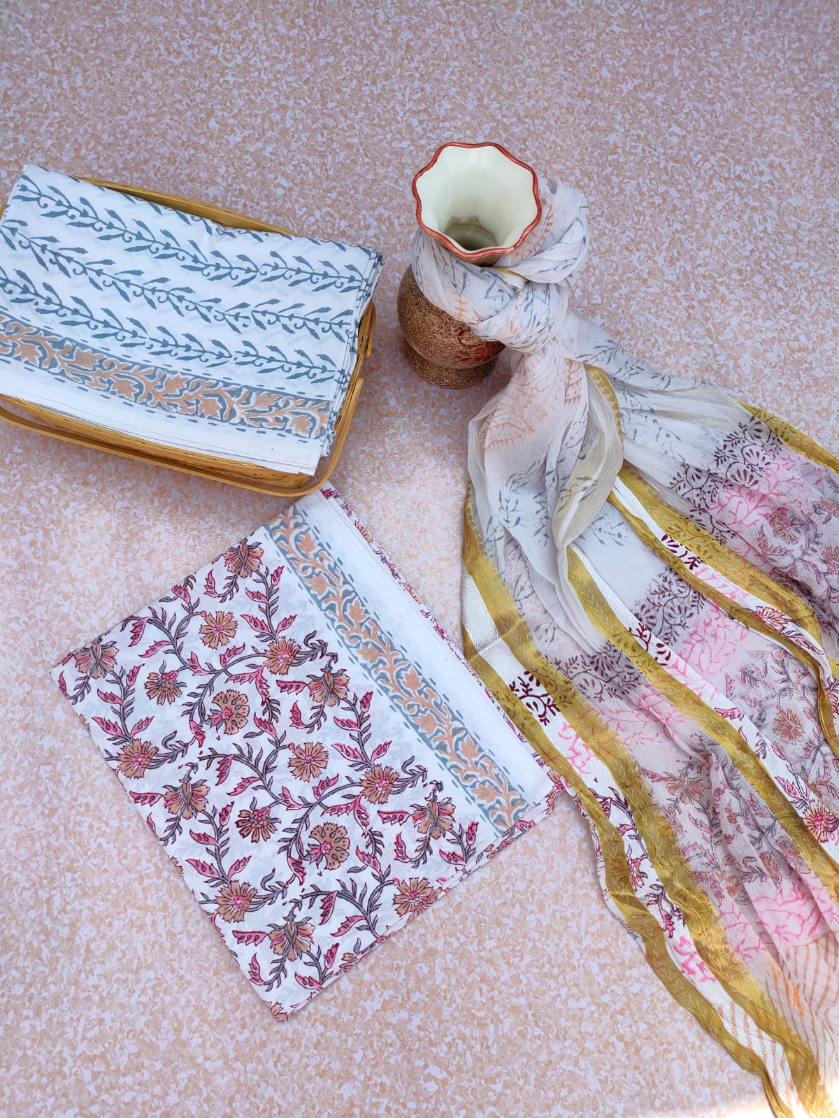 Hand Block Printed Unstitched Cotton Suit Set With Chiffon Dupatta - JBCF750