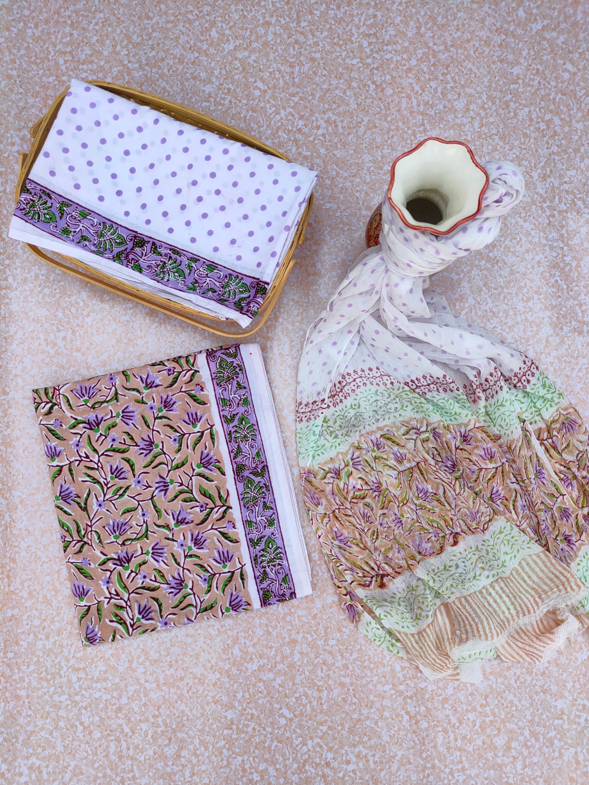 Hand Block Printed Unstitched Cotton Suit Set With Chiffon Dupatta - JBCF758