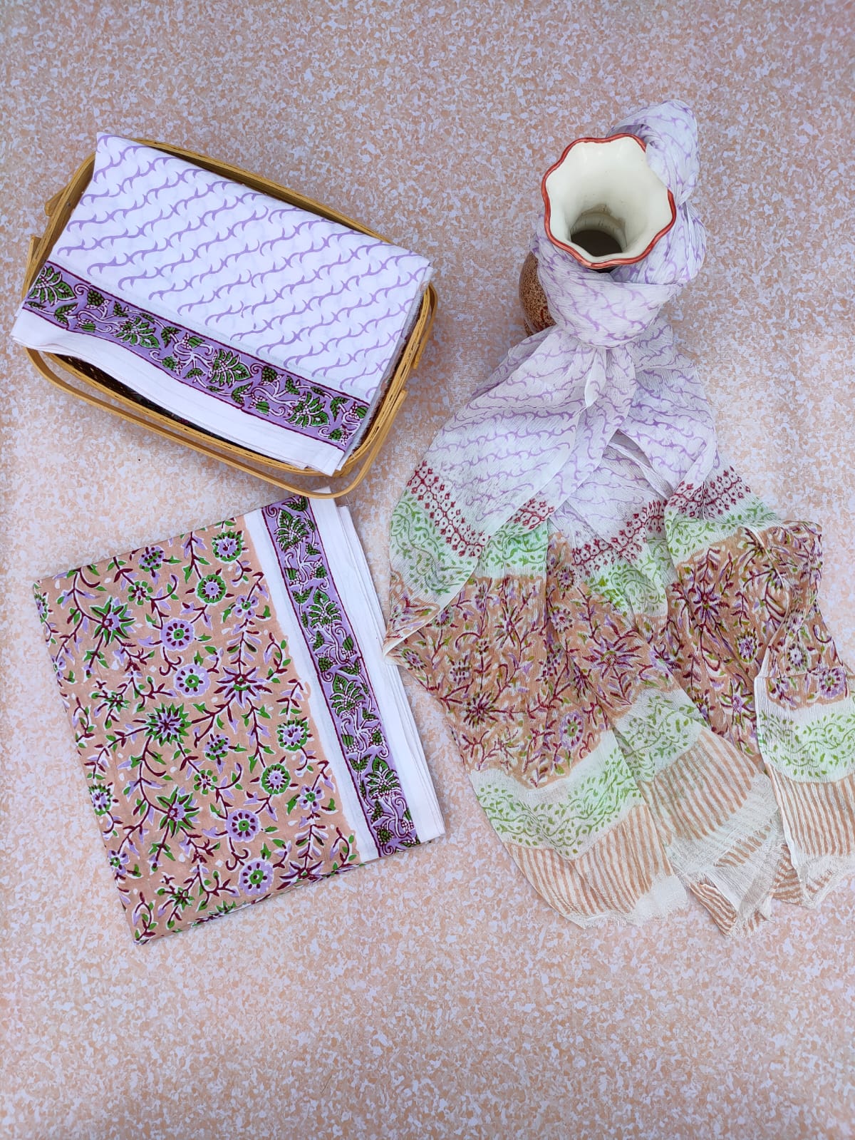 Unstitched Hand Block Printed Cotton Suit With Chiffon Dupatta - JBCF764