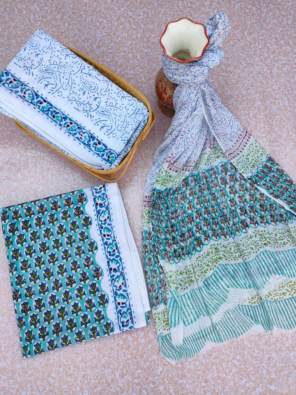 Unstitched Hand Block Printed Cotton Suit With Chiffon Dupatta - JBCF772