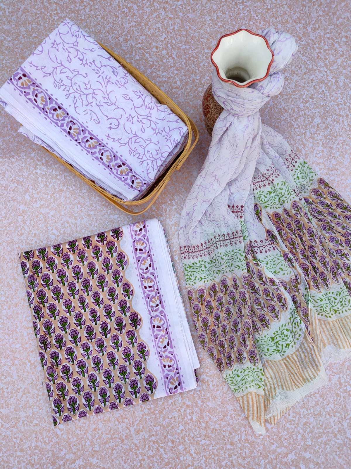 Unstitched Hand Block Printed Cotton Suit With Chiffon Dupatta - JBCF777
