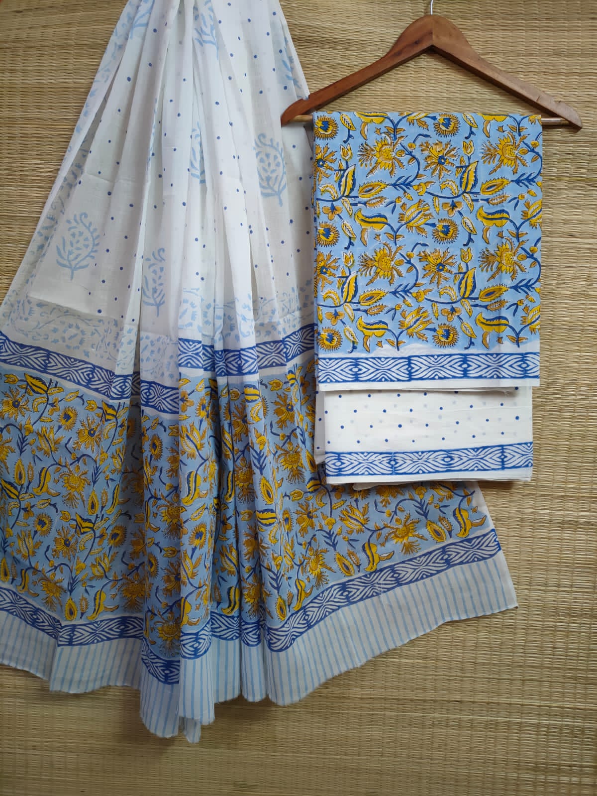 Pure Cotton Hand Block Printed Unstitched Salwar Suit Set With Cotton/Mulmul Dupatta - JBCM604